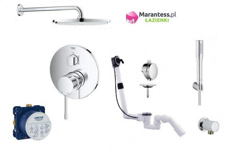 Grohe Essence zestaw podtynkowy z deszczownicą 31x31 słuchawką  i syfonem z napełnianiem wanny przez przelew kompletny 24092001WAN11