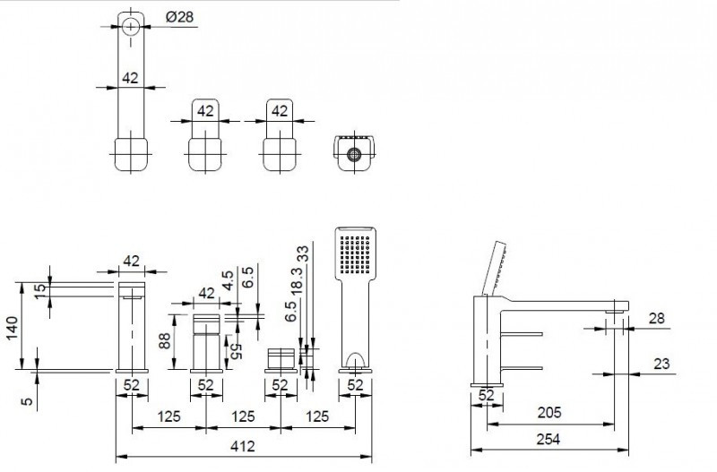 Omnires Slide bateria wannowa 4-otworowa grafit SL7732GR