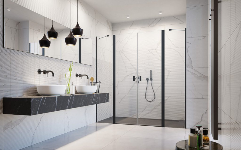 Radaway Nes Black 8 DWD II drzwi wnękowe dwuczęściowe wahadłowe 170 cm czarny przeźroczyste Easy Clean 10081030-54-01 + 10080167-54-01