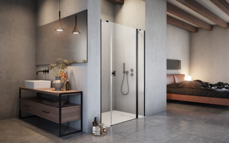 Radaway Nes Black DWJS drzwi wnękowe wahadłowe z polem stałym 140cm prawe czarny przeźroczyste Easy Clean 10038140-54-01R