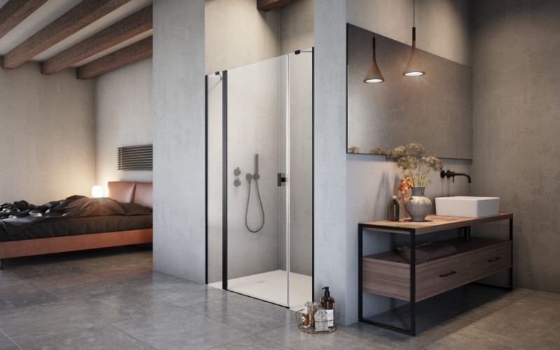 Radaway Nes Black DWJS drzwi wnękowe wahadłowe z polem stałym 140cm lewe czarny przeźroczyste Easy Clean 10038140-54-01L