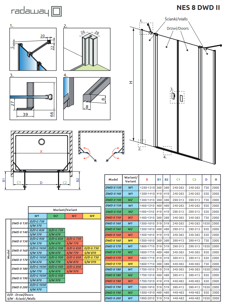 Radaway Nes 8 DWD II drzwi wnękowe dwuczęściowe wahadłowe 190 cm chrom przeźroczyste Easy Clean 10081030-01-01 + 10080187-01-01