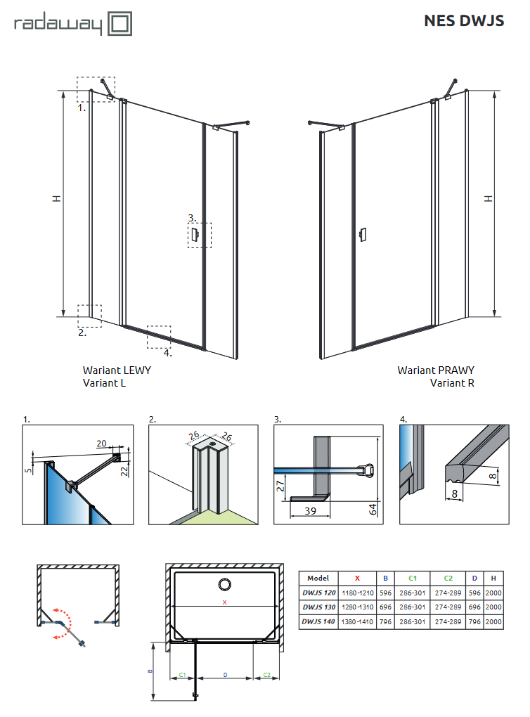 Radaway Nes Black DWJS drzwi wnękowe wahadłowe z polem stałym 140cm prawe czarny przeźroczyste Easy Clean 10038140-54-01R
