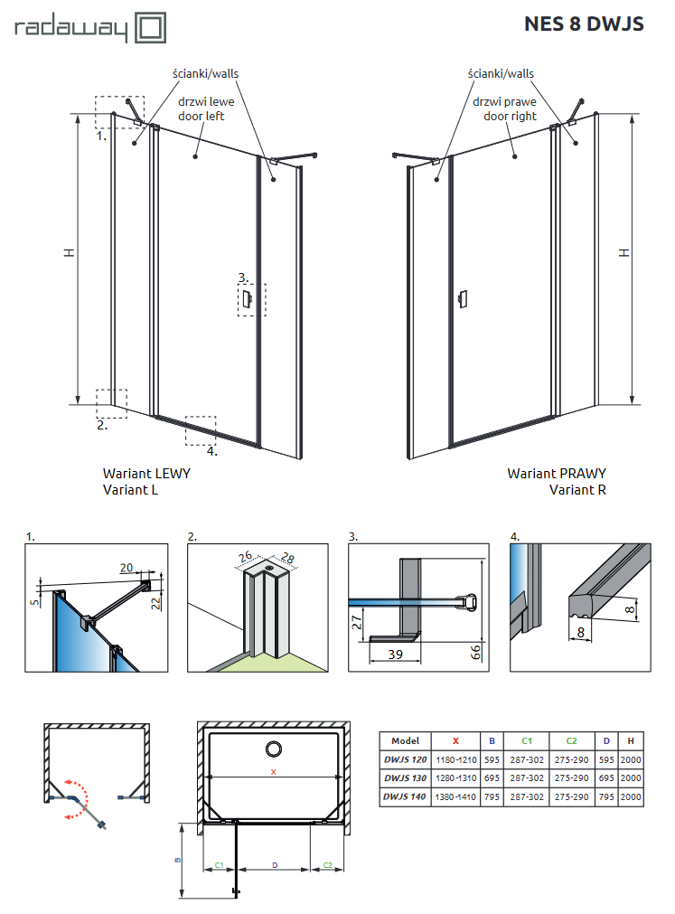Radaway Nes 8 Black DWJS drzwi wnękowe wahadłowe z polem stałym 140cm prawe czarny przeźroczyste Easy Clean 10084790-54-01R + 10084610-54-01