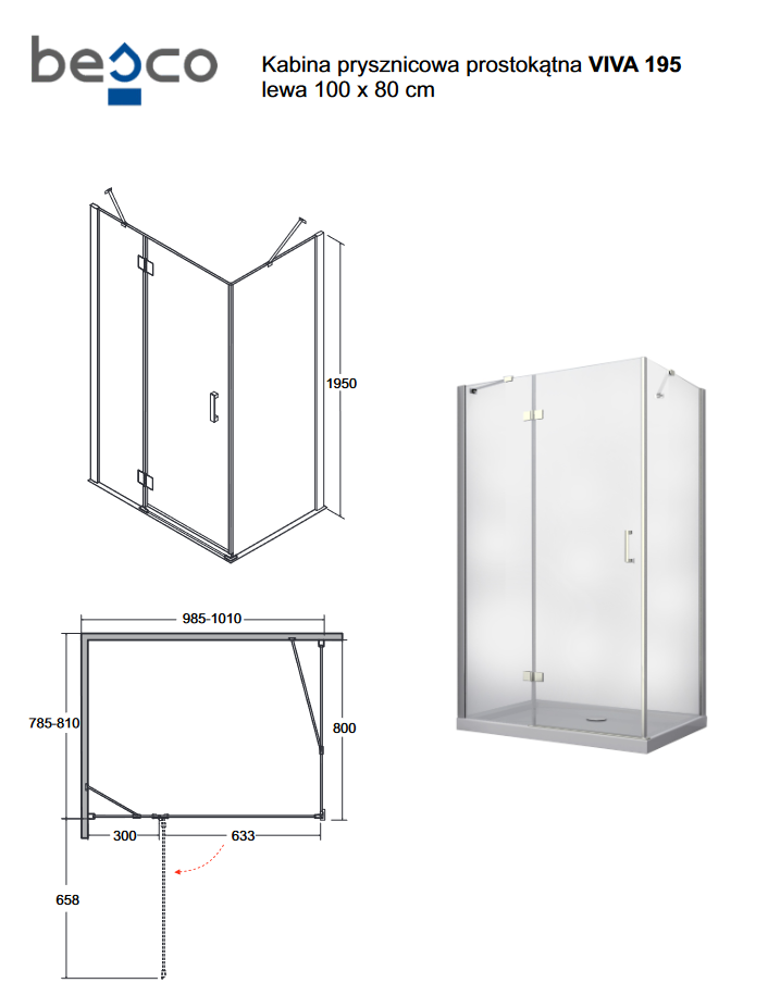 BESCO Viva 195 Kabina prostokątna 100x80 lewa drzwi otwierane chrom przeźroczyste VPL-100-195C