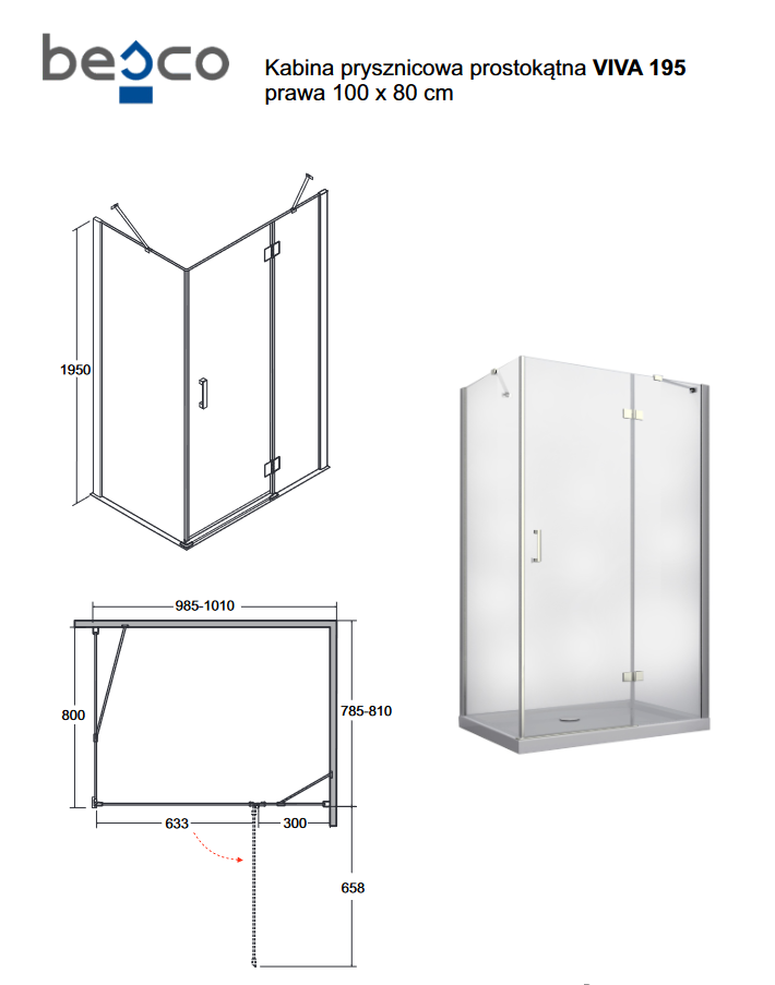 BESCO Viva 195 Kabina prostokątna 100x80 prawa drzwi otwierane chrom przeźroczyste VPP-100-195C