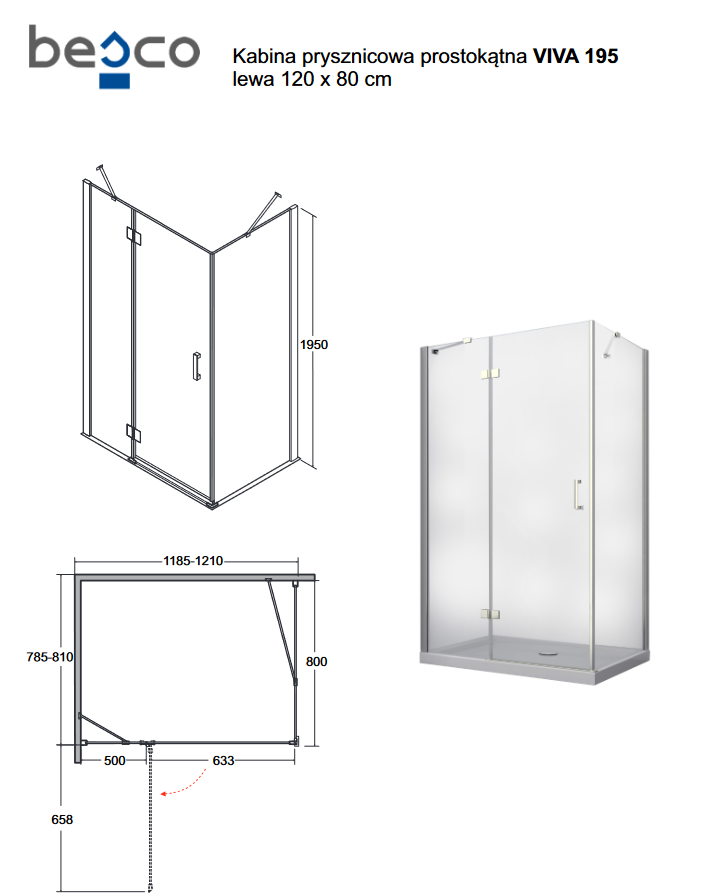 BESCO Viva 195 Kabina prostokątna 120x80 lewa drzwi otwierane chrom przeźroczyste VPL-128-195C