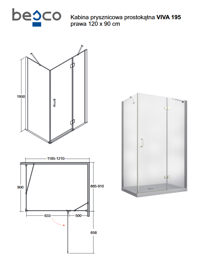 BESCO Viva 195 Kabina prostokątna 120x80 prawa drzwi otwierane chrom przeźroczyste VPL-128-195C