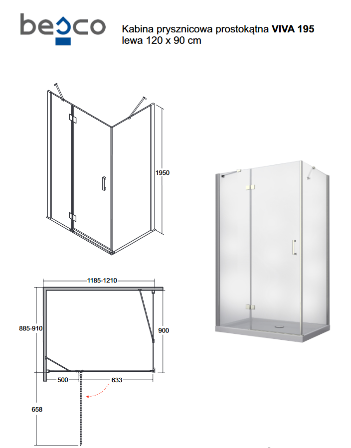 BESCO Viva 195 Kabina prostokątna 120x90 lewa drzwi otwierane chrom przeźroczyste VPL-129-195C