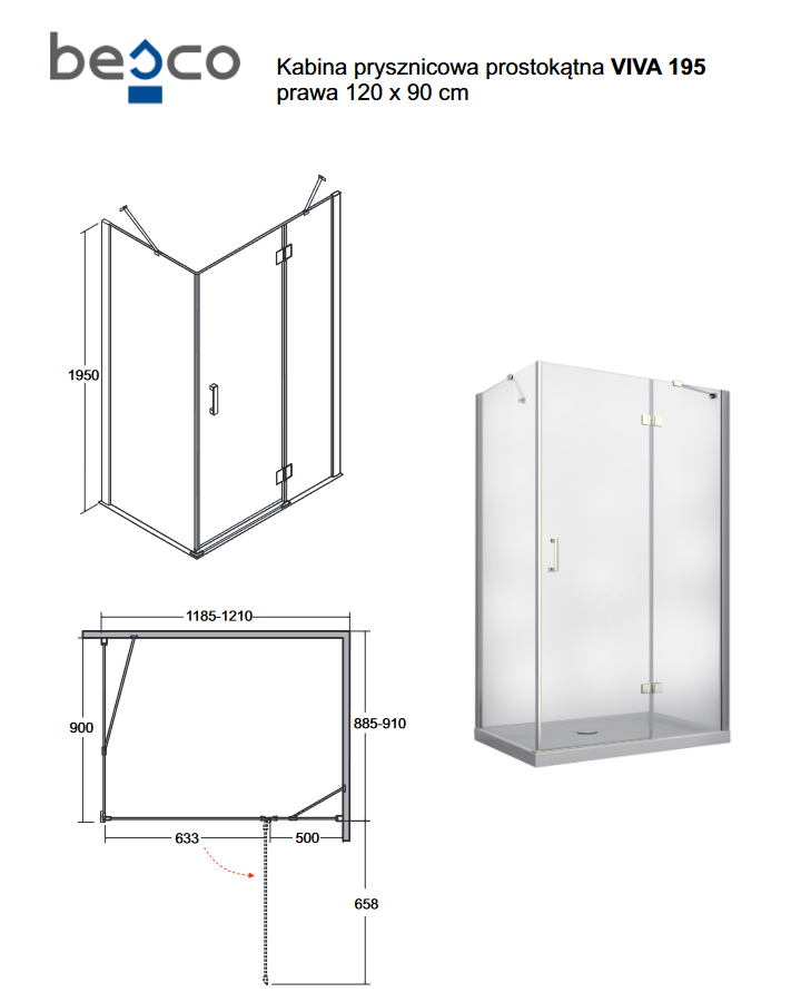 BESCO Viva 195 Kabina prostokątna 120x90 prawa drzwi otwierane chrom przeźroczyste VPP-129-195C