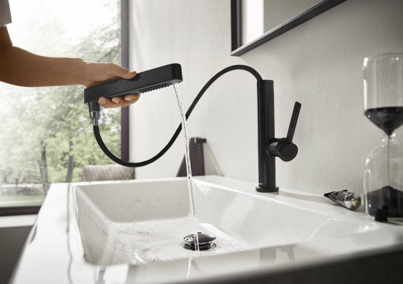 Hansgrohe FinishPlus Finoris 230 bateria umywalkowa z wyciąganą wylewką 2jet i korkiem klik-klak czarny matowy 76063670
