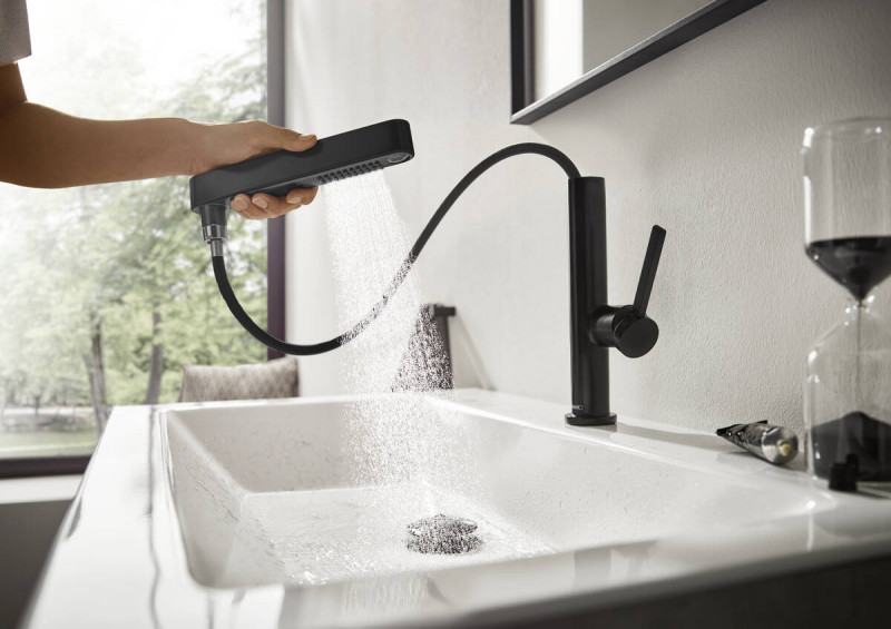 Hansgrohe FinishPlus Finoris 230 bateria umywalkowa z wyciąganą wylewką 2jet i korkiem klik-klak czarny matowy 76063670