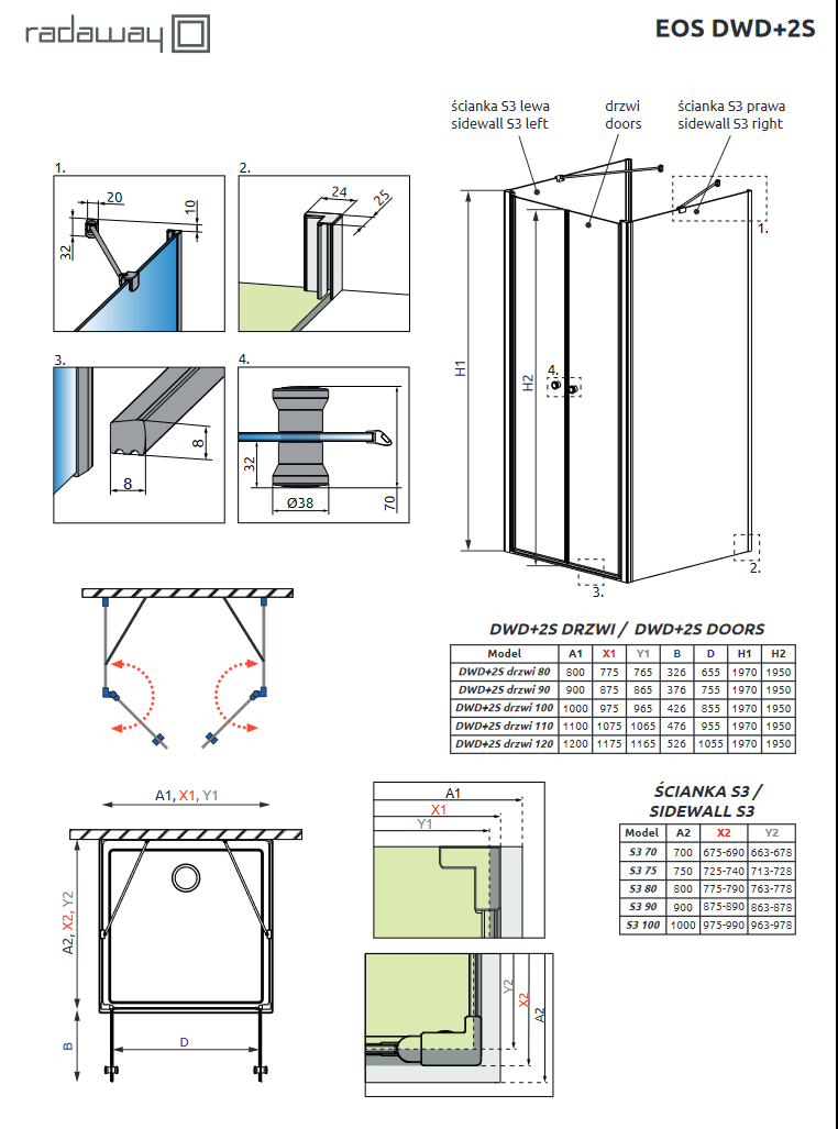 Radaway Eos DWD+2S kabina trójścienna 75x100x75 drzwi wahadłowe 100 i ścianki 75 chrom przeźroczyste Easy Clean 13799449-01 + 13799402-01 + 13799449-01
