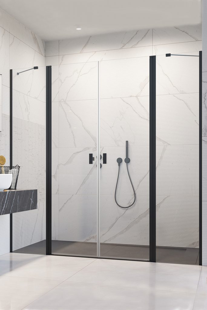 Radaway Nes Black 8 DWD II drzwi wnękowe dwuczęściowe wahadłowe 140 cm czarny przeźroczyste Easy Clean 10081083-54-01 + 10080157-54-01