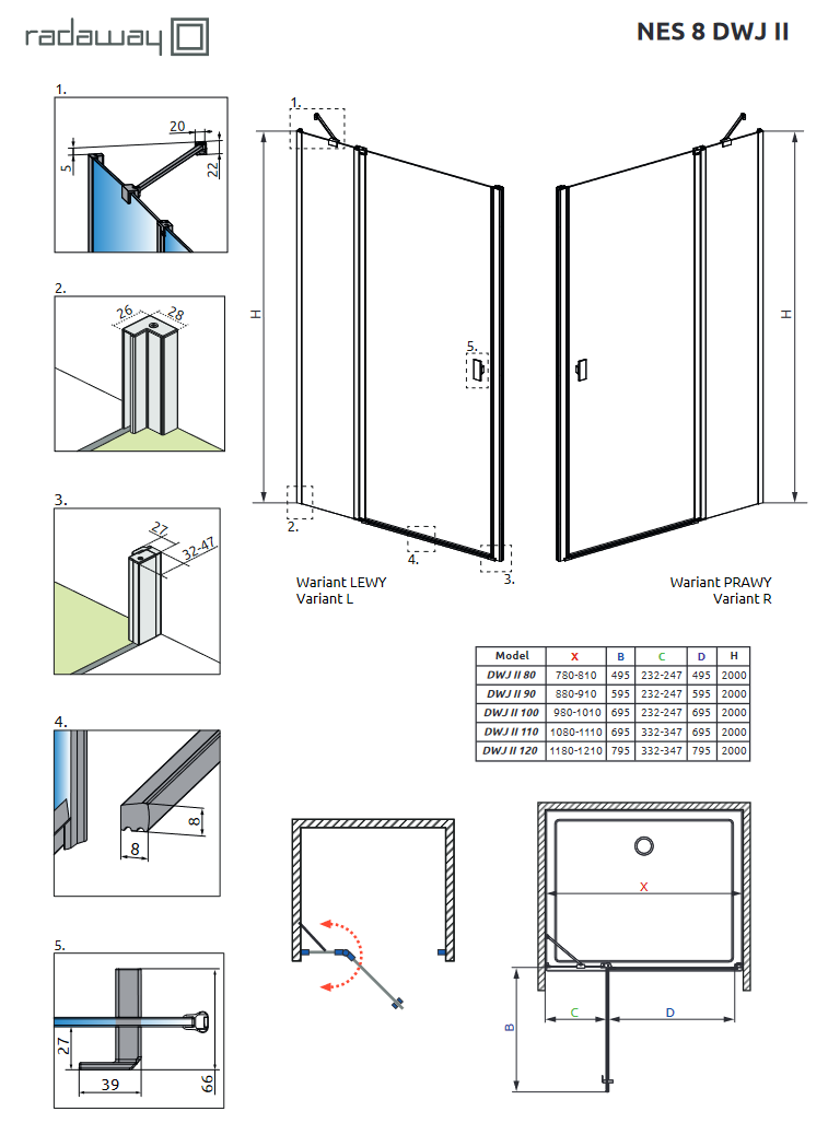 Radaway Nes 8 DWJ II drzwi wnękowe wahadłowe lewe 80 cm chrom przeźroczyste Easy Clean 10083080-01-01L
