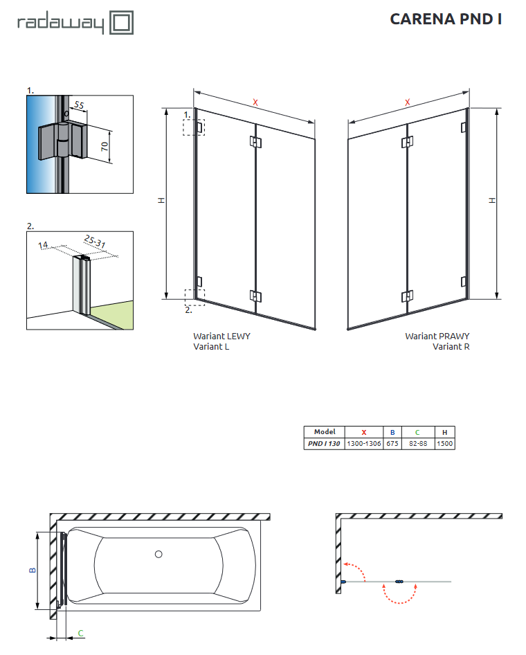 Radaway Carena PND I parawan wannowy dwuczęściowy 130 cm lewy chrom przeźroczyste Easy Clean 1202201-101L