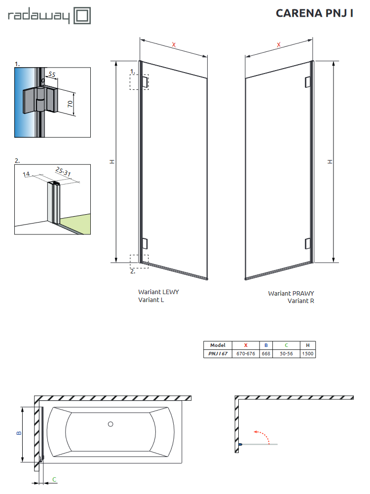 Radaway Carena PNJ I parawan wannowy jednocześciowy 67 cm lewy chrom przeźroczyste Easy Clean 1202101-101L