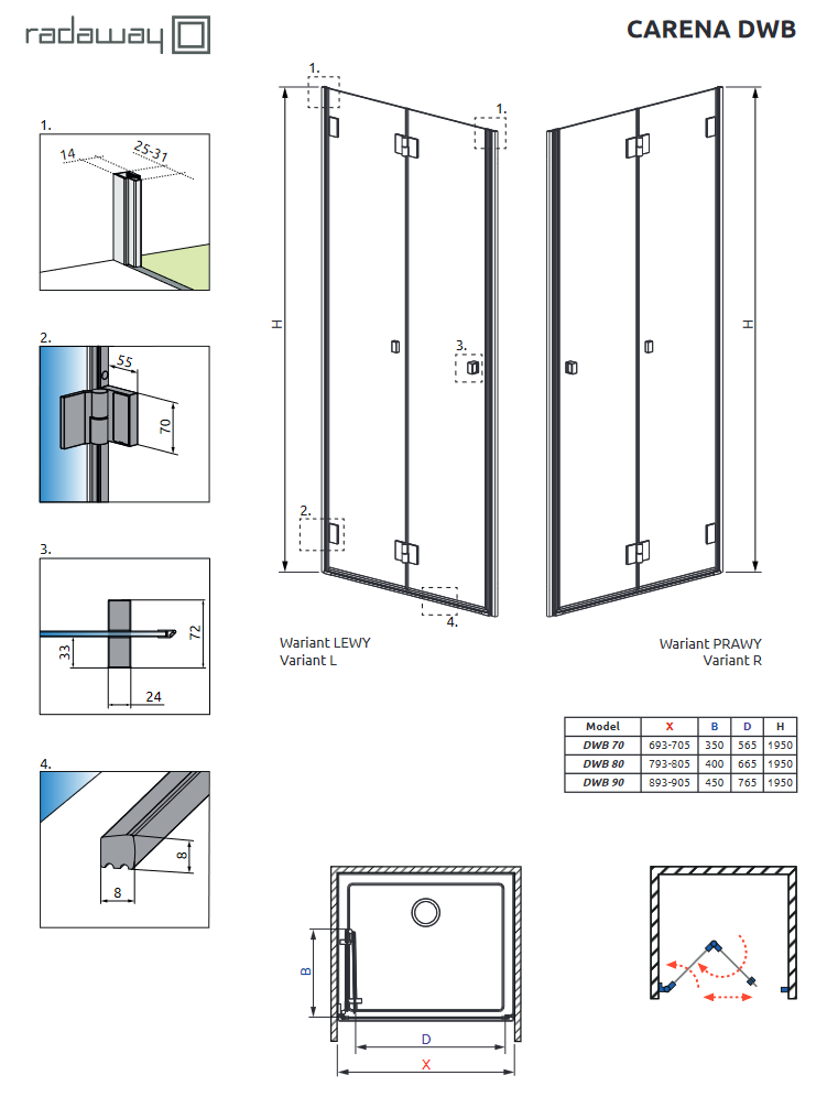 Radaway Carrena DWB drzwi do wnęki składane 70 cm lewe chrom przeźroczyste Easy Clean 134582-01-01NL