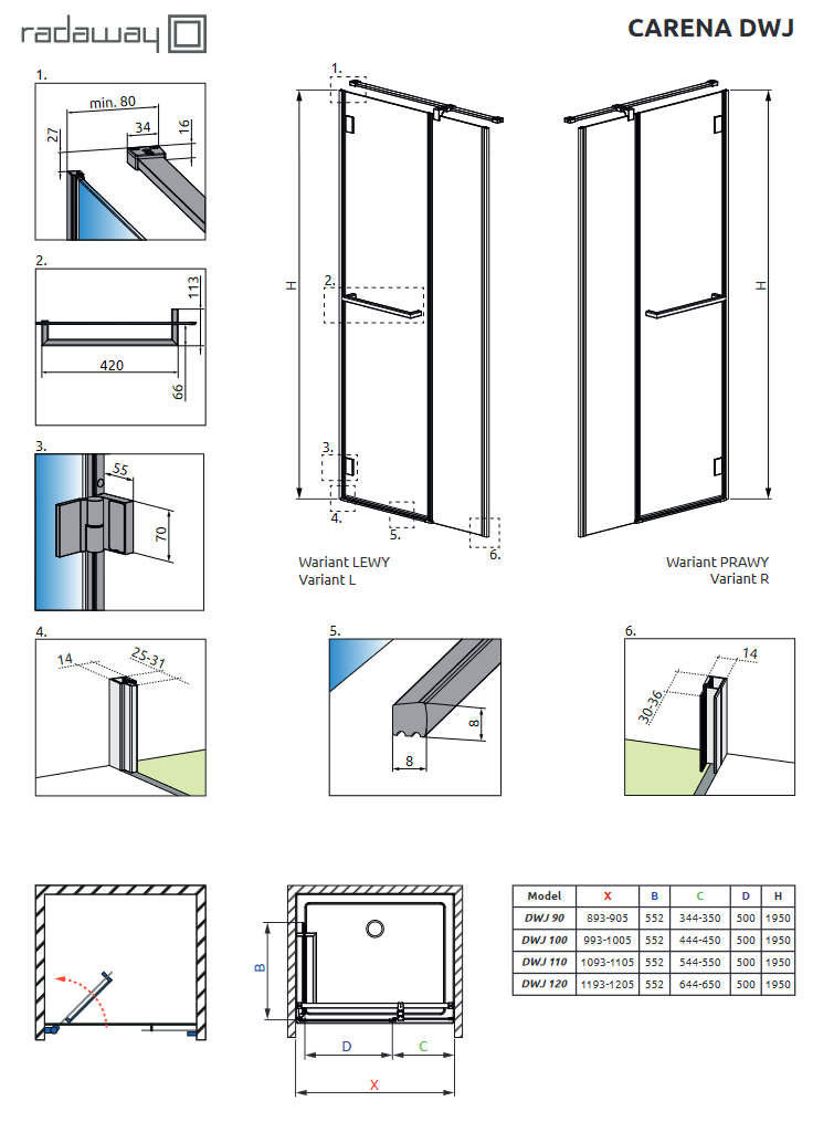 Radaway Carrena DWJ drzwi do wnęki otwierane 100 cm prawe chrom przeźroczyste Easy Clean 134322-01-01NR