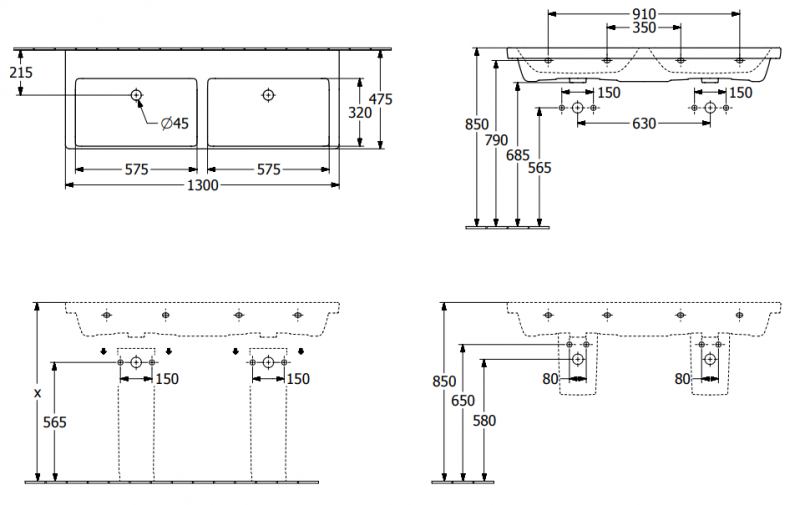 Villeroy&Boch Subway 3.0 umywalka meblowa podwójna 130x47 cm bez otworów na baterie weiss alpin CeramicPlus 4A71D3R1