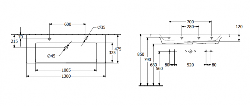 Villeroy&Boch Subway 3.0 umywalka meblowa 130x47 cm z 2 otworami z przelewem weiss alpin CeramicPlus 4A70D4R1