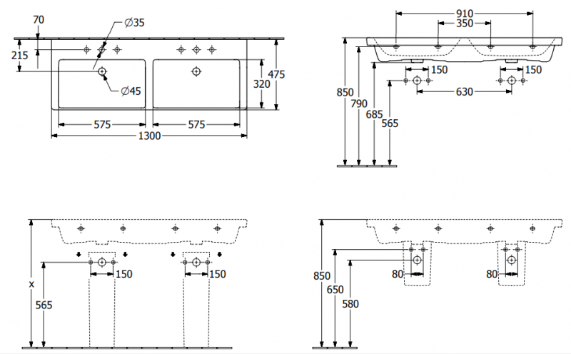 Villeroy&Boch Subway 3.0 umywalka meblowa podwójna 130x47 cm z przelewem weiss alpin 4A71D501