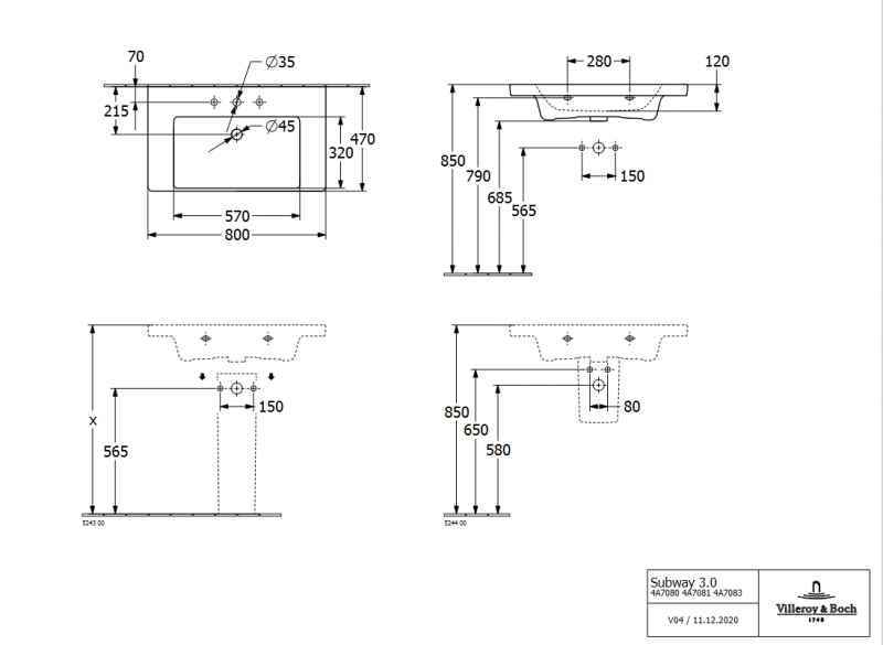Villeroy&Boch Subway 3.0 umywalka meblowa 80x47 cm bez przelewu weiss alpin CeramicPlus 4A7081R1