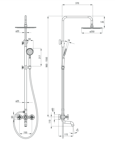Deante Temisto Nero zestaw prysznicowy z deszczownicą 25x25 i wylewką wannową czarny matowy NACN1QT