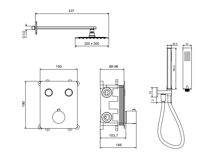 Excellent Krotos Rain termostatyczny zestaw podtynkowy 2-drożny z deszczownicą 30x20 czarny mat AREX.SET.8045BL