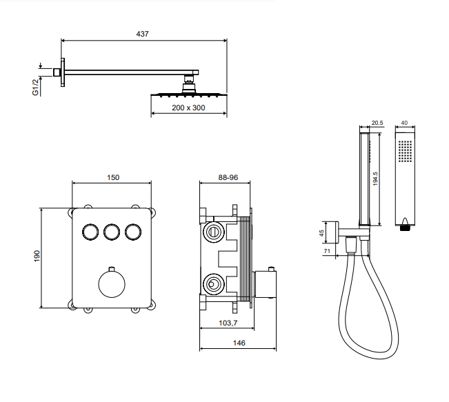 Excellent Krotos Rain termostatyczny zestaw podtynkowy 3-drożny z deszczownicą 30x20 czarny mat AREX.SET.8046BL
