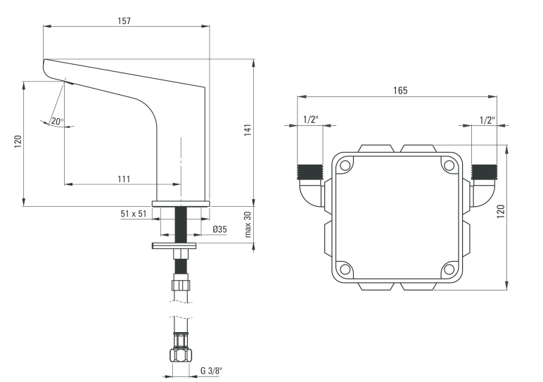 Deante Hiacynt bateria umywalkowa elektroniczna bezdotykowa bez regulacji temperatury zasilana z sieci 230/6V czarny matowy BQHN28V