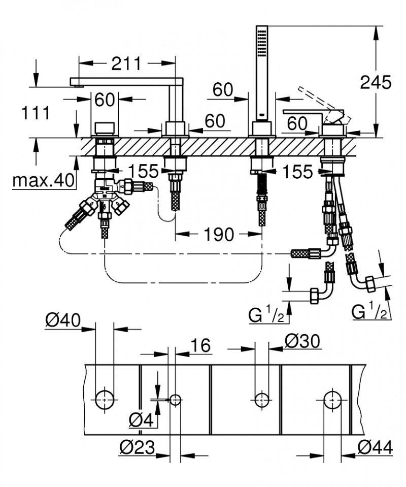 Grohe Plus bateria wannowa 4-otwoowa stal nierdzewna 29307DC3