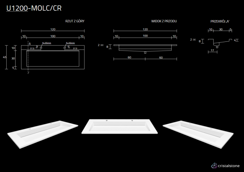 Cristalstone Linea Ideal umywalka meblowa 120x45 cm z odpływem liniowym biały satynowy mat U1200-MOLC/CR