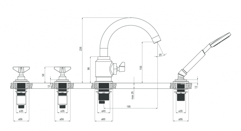 Deante Temisto bateria wannowa 4-otworowa chrom połysk BQT014D
