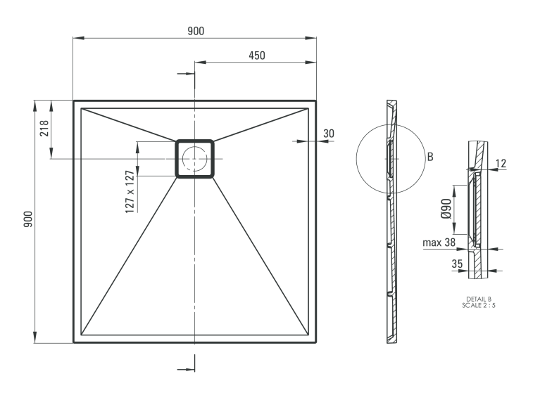 Deante Correo brodzik kwadratowy płaski 90x90 granit antracyt KQRT41B