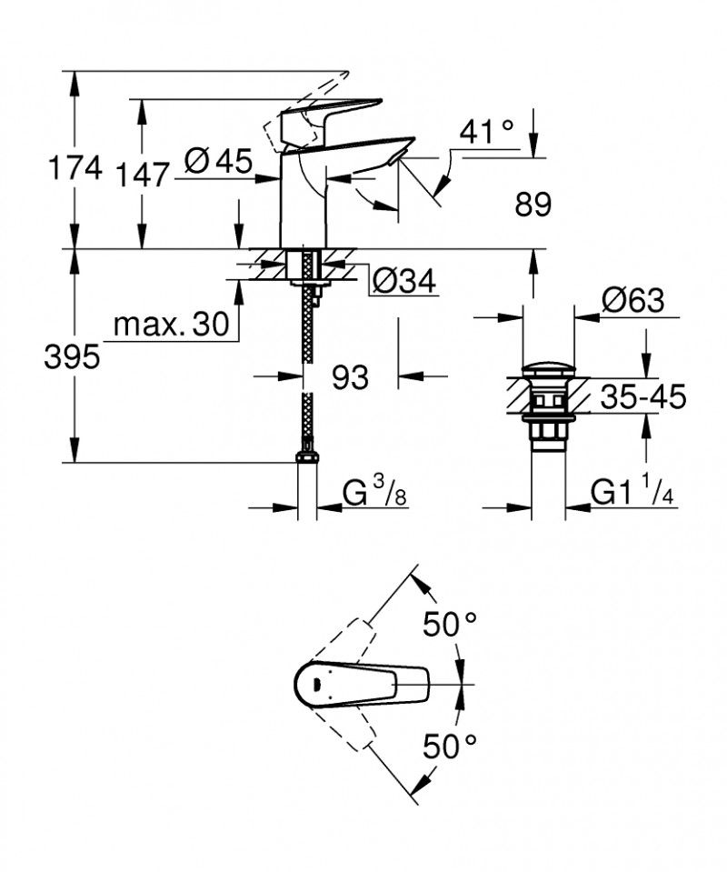 Grohe BauEdge S bateria umywalkowa z korkiem klik-klak chrom połysk 23895001