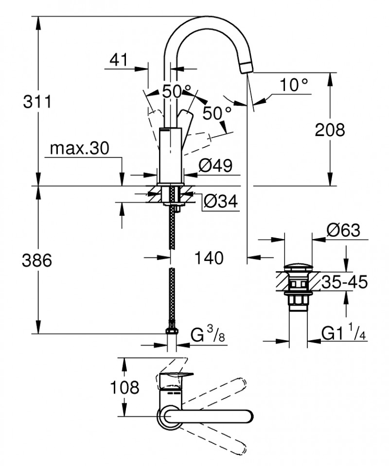 Grohe BauEdge L bateria umywalkowa wysoka z korkiem klik-klak chrom połysk 23911001