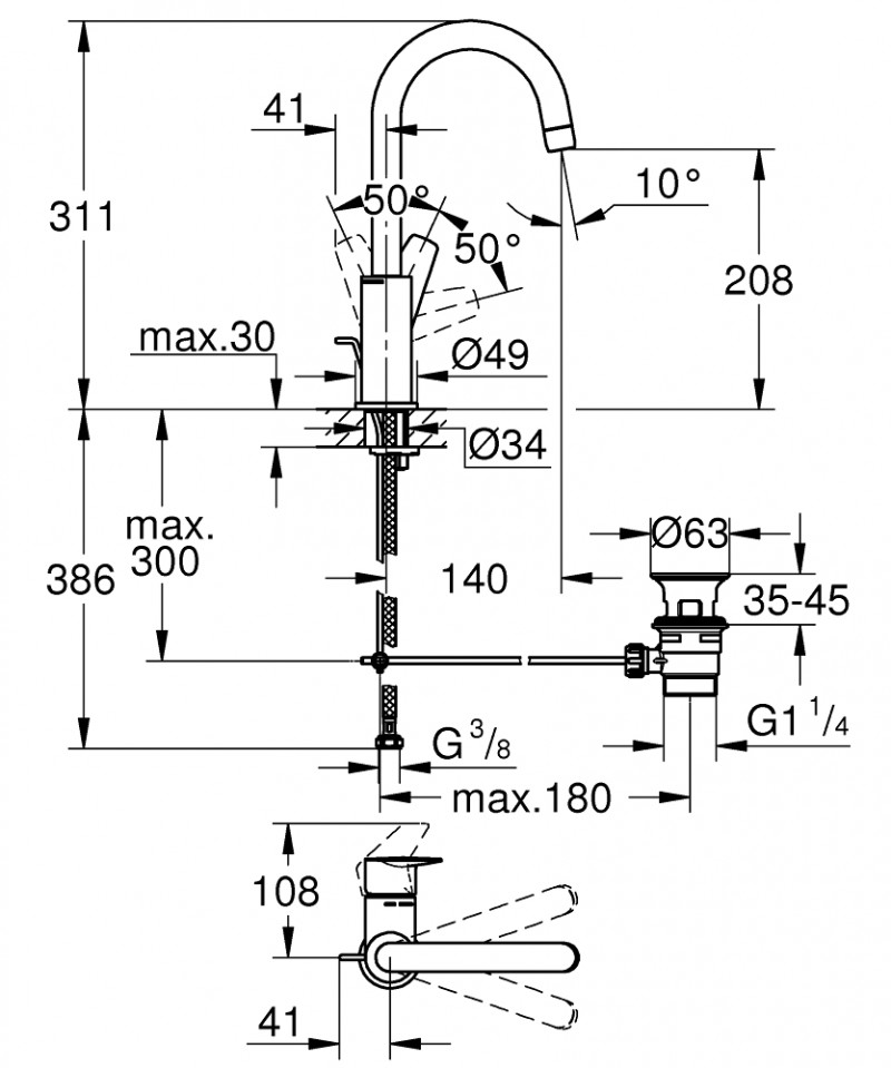 Grohe BauEdge L bateria umywalkowa wysoka z korkiem automatycznym chrom połysk 23760001