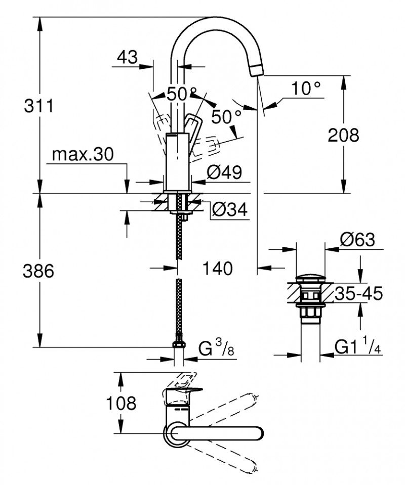 Grohe BauLoop L bateria umywalkowa z korkiem klik-klak chrom połysk 23891001