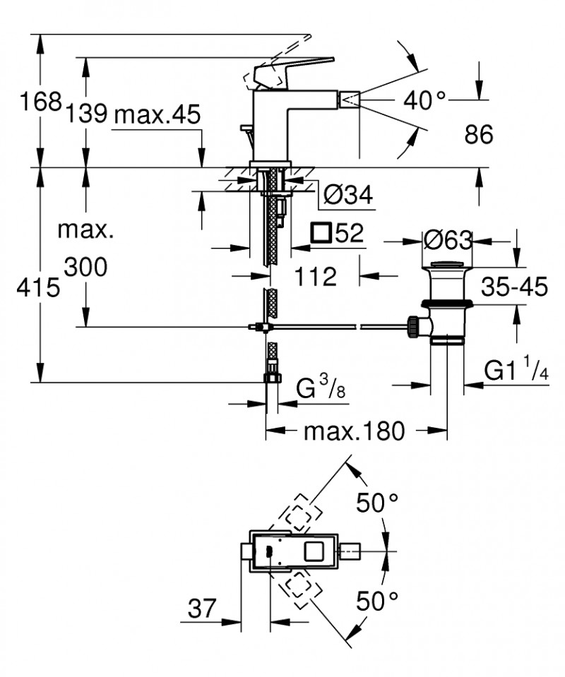 Grohe Eurocube bateria bidetowa z korkiem stal nierdzewna 23138DC0