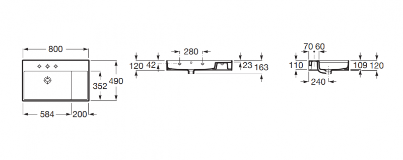 Roca Inspira Square umywalka wisząca asymetryczna 80x49 perłowy A32752B630