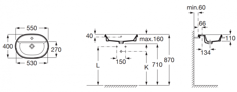 Roca Gap Round umywalka wpuszczana w blat z otworem owalna 55x40 biały Supraglaze A3270Y6S00