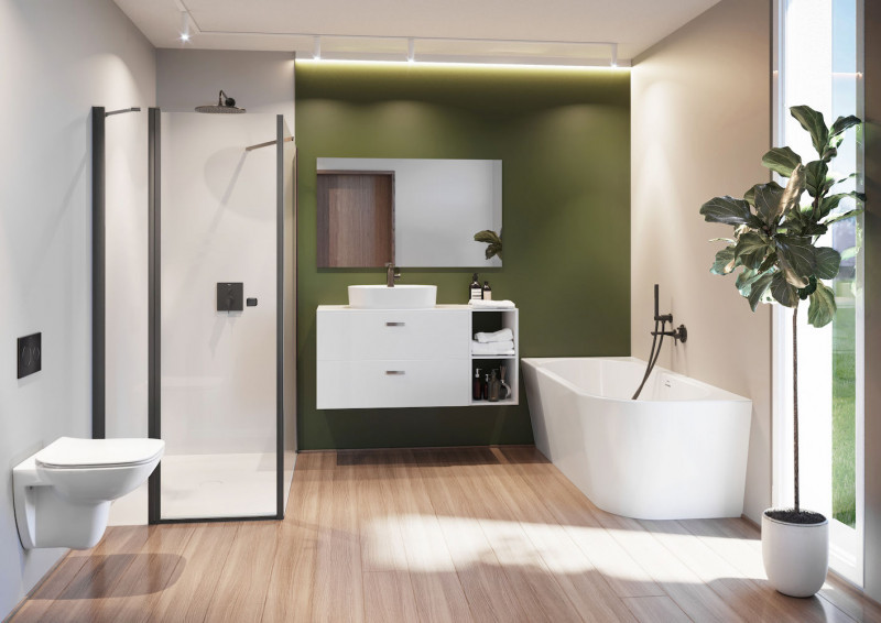 Roca Capital Black drzwi do wnęki z polem stałym wahadłowe 90 cm czarny przeźroczyste MaxiClean AM4609016M