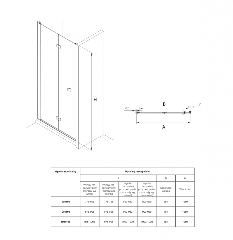 Roca Capital Black drzwi do wnęki składane 80 cm czarny przeźroczyste MaxiClean AM4508016M