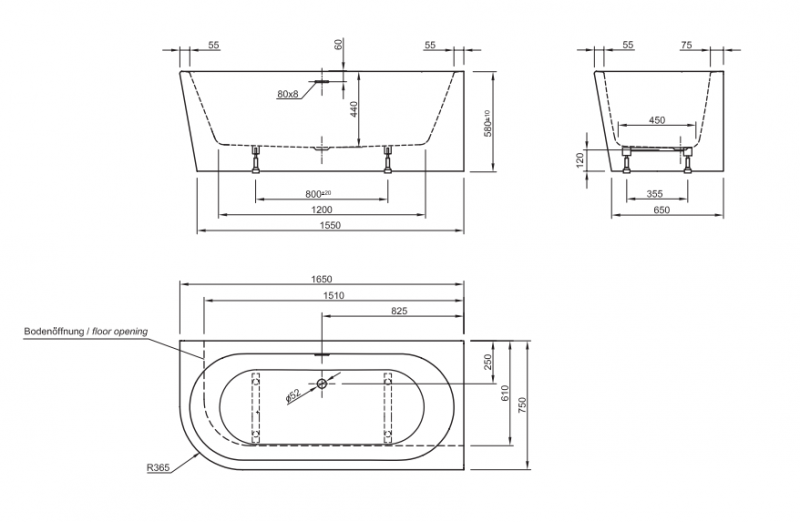 Roca Eternity wanna wolnostojąca przyścienna prawa 165x75 akryl biały A248592000