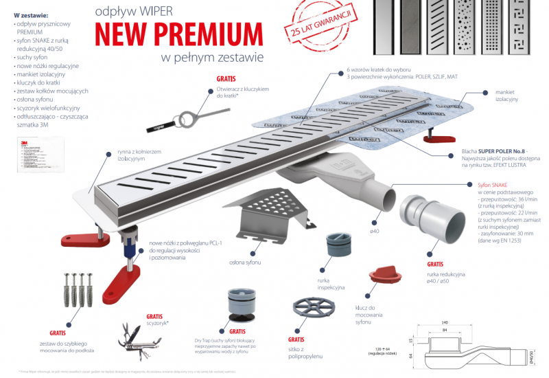 Wiper New Premium Pure kompletny odpływ liniowy + ruszt zabudowy 80cm stal poler 100.1973.01.080