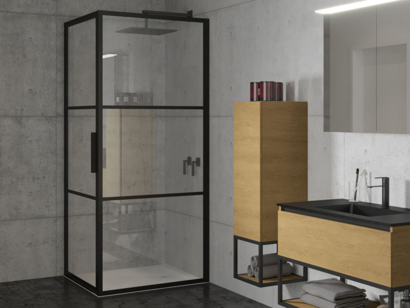 Riho Grid GB201 kabina prostokątna 90x100 drzwi wahadłowe 90 + ścianka 100 czarny przeźroczyste RIHO Shield GB2090100