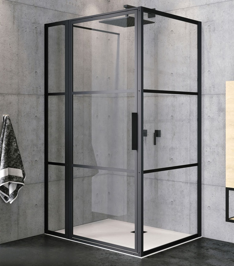 Riho Grid GB203 kabina prostokątna 130x100 drzwi wahadłowe 130 + ścianka 100 czarny przeźroczyste RIHO Shield GB2130100