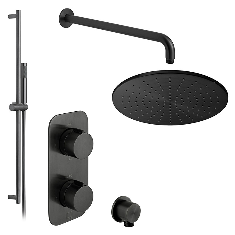 Vado Tablet kompletny zestaw termostatyczny prysznicowy podtynkowy z deszczownicą 30x30 i drążkiem czarny szczotkowany IND-SS-TAB2-BLK