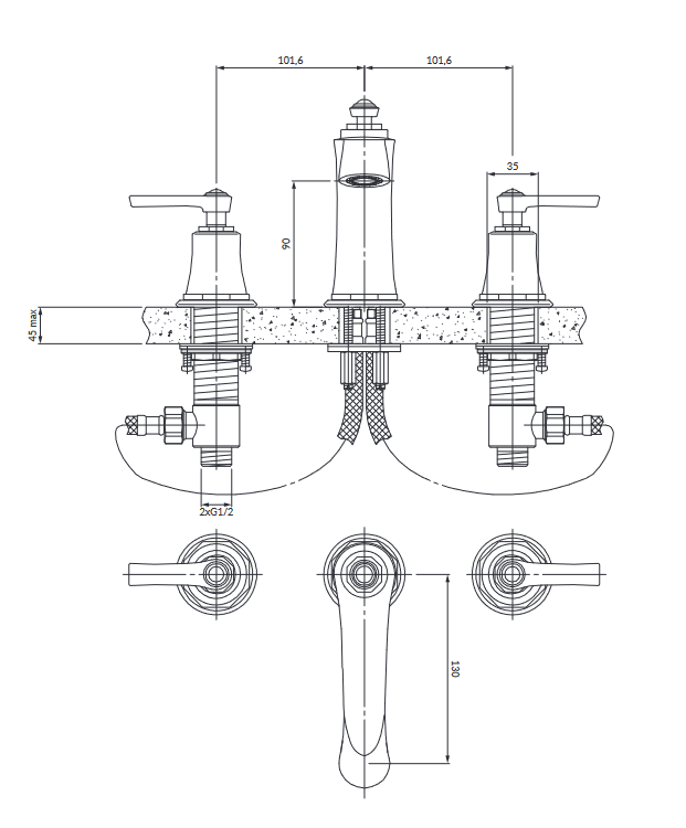 Omnires Armance bateria umywalkowa 3-otworowa retro z korkiem złoty AM5214GL